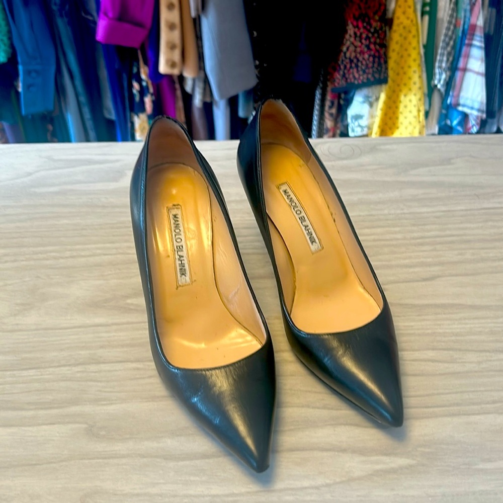 Manolo Blahnik black leather stilettos.